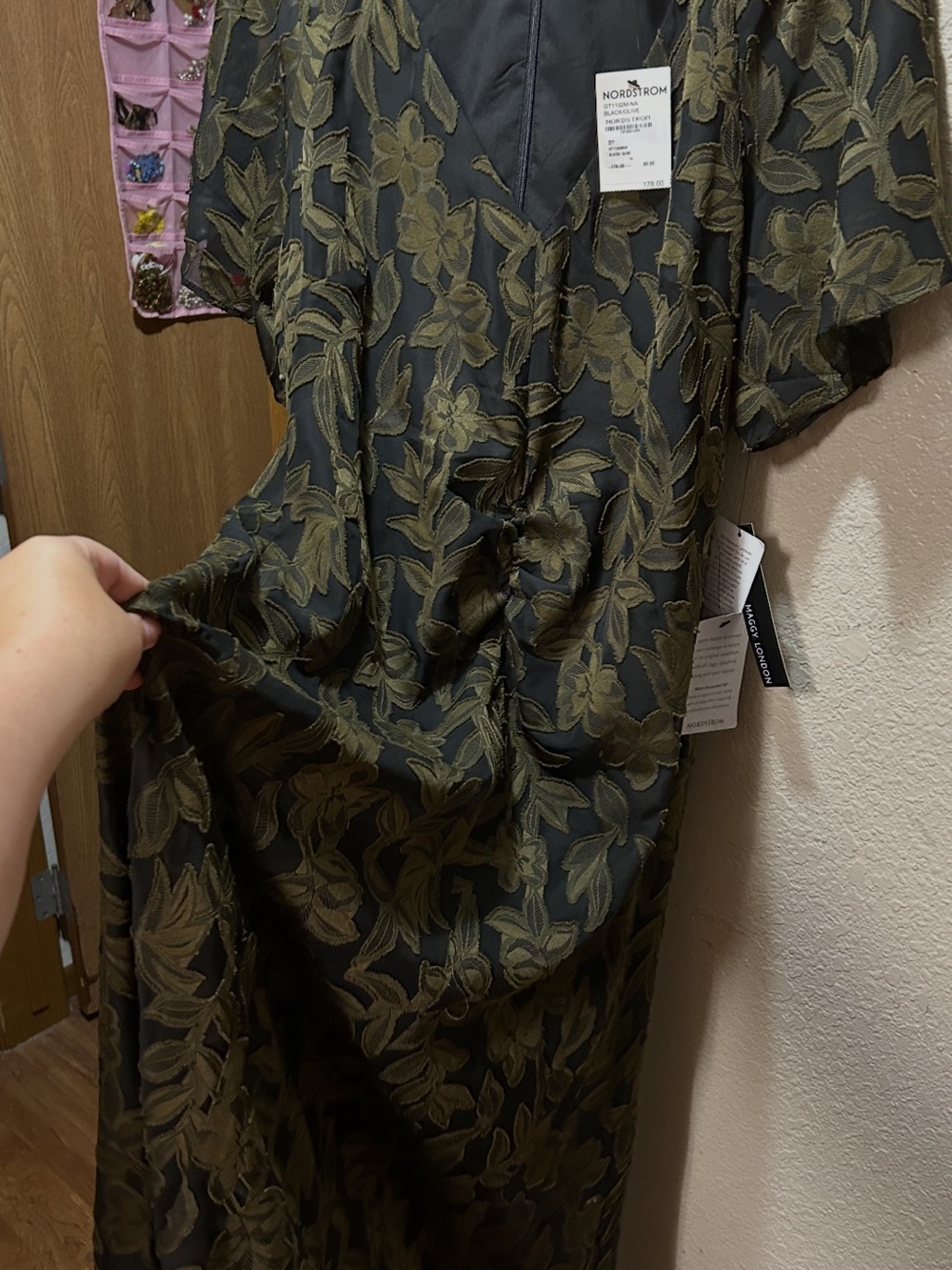 Maggy London Black and Olive Green Floral Maxi Dress